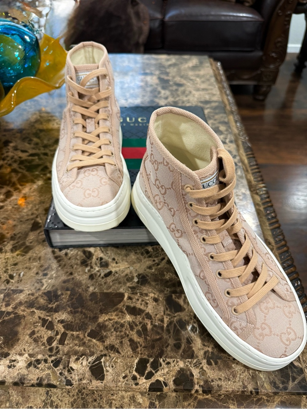 Gucci Tennis 1977 High Top GG Canvas Sneakers Pink Blush Monogram EU 38